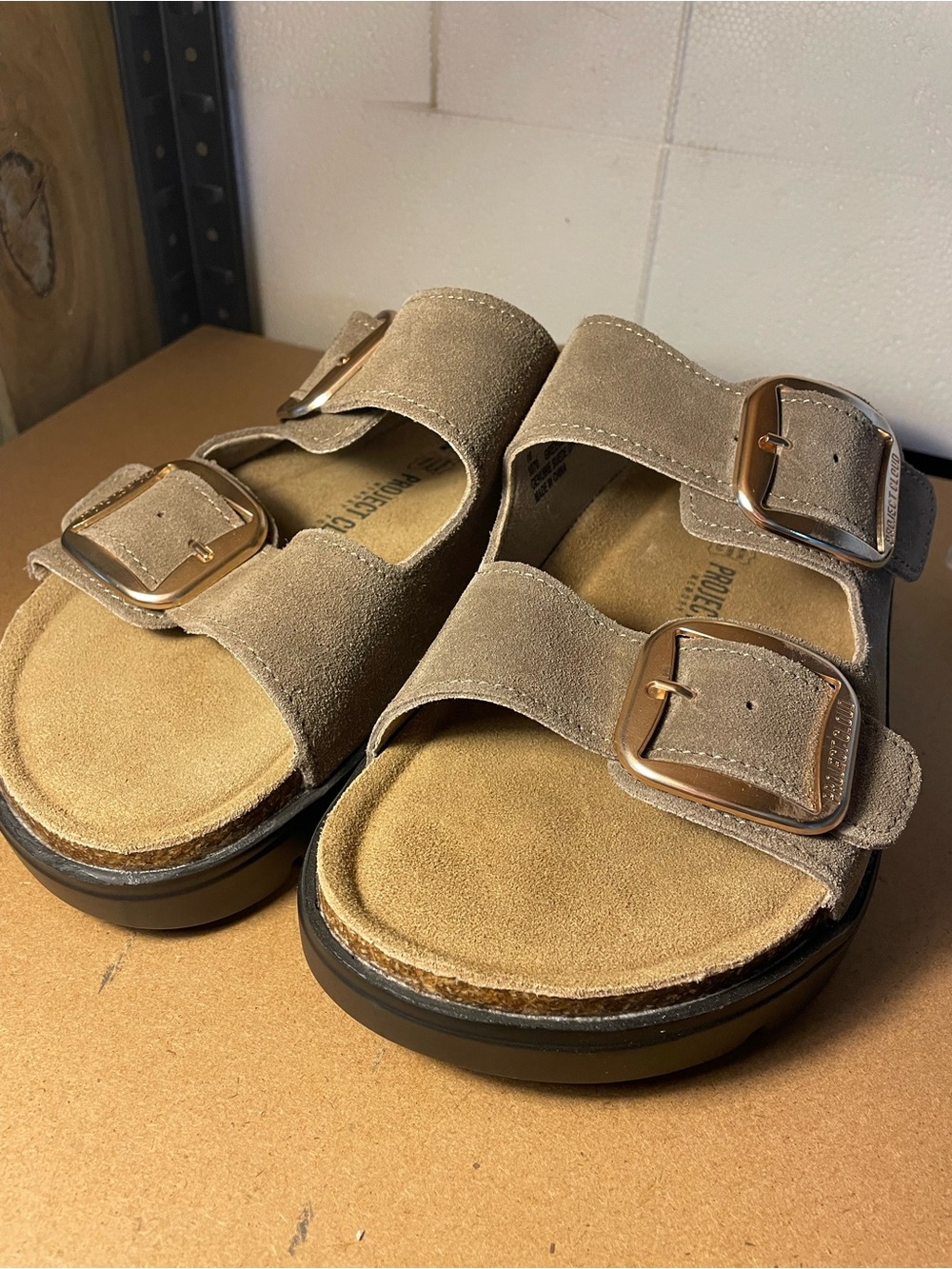 Women’s Suede Double-Buckle Slide Sandals - Taupe - Picture 2 of 5